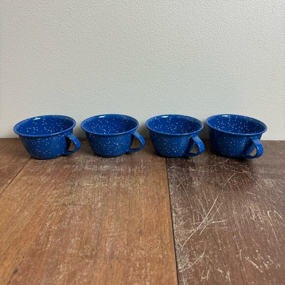 Vintage Blue White Speckled Enamel Graniteware set of 4 coffee cup mugs - Picture 2 of 8